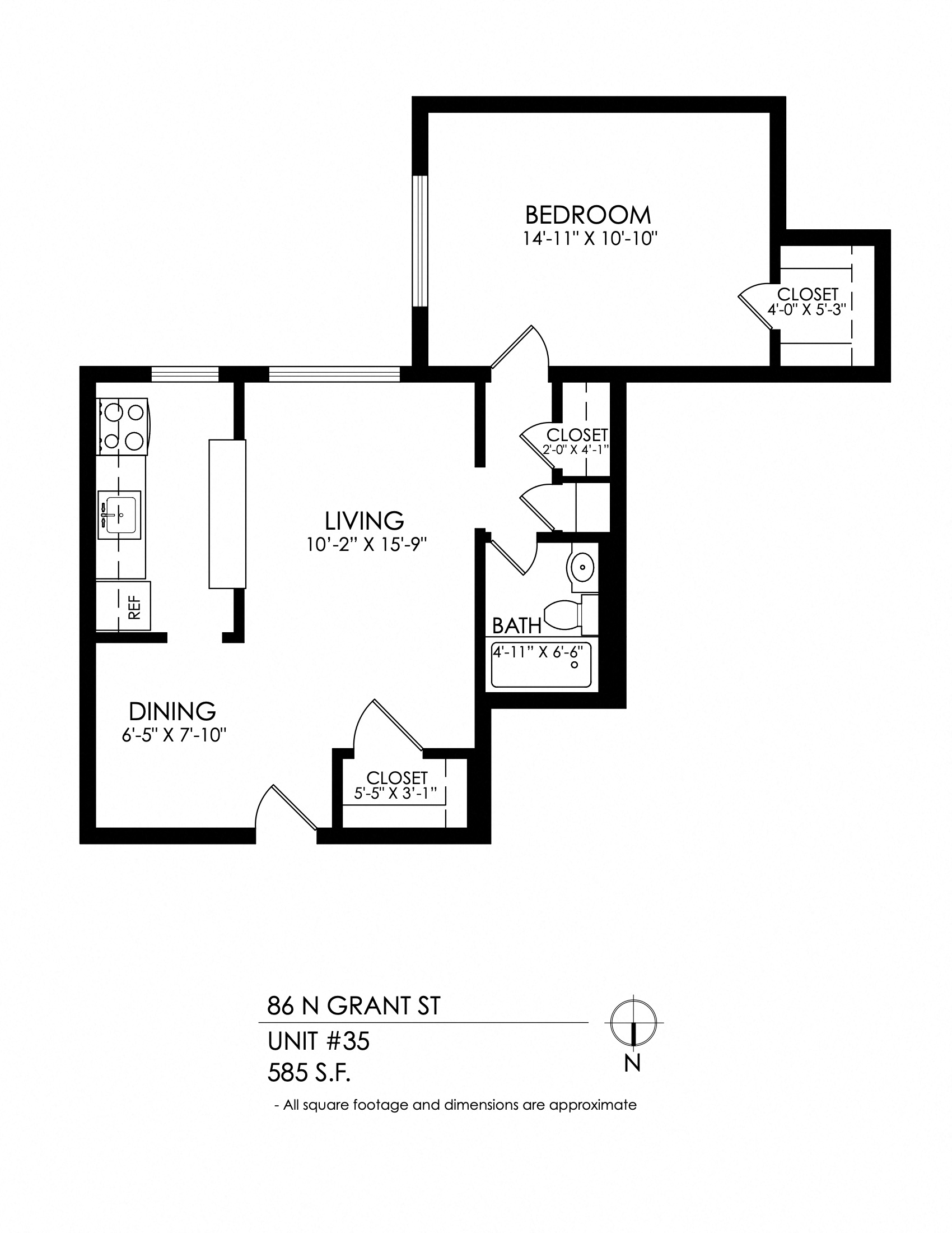 Floor plan for 1 bed, 1 bath, 550 sqft
